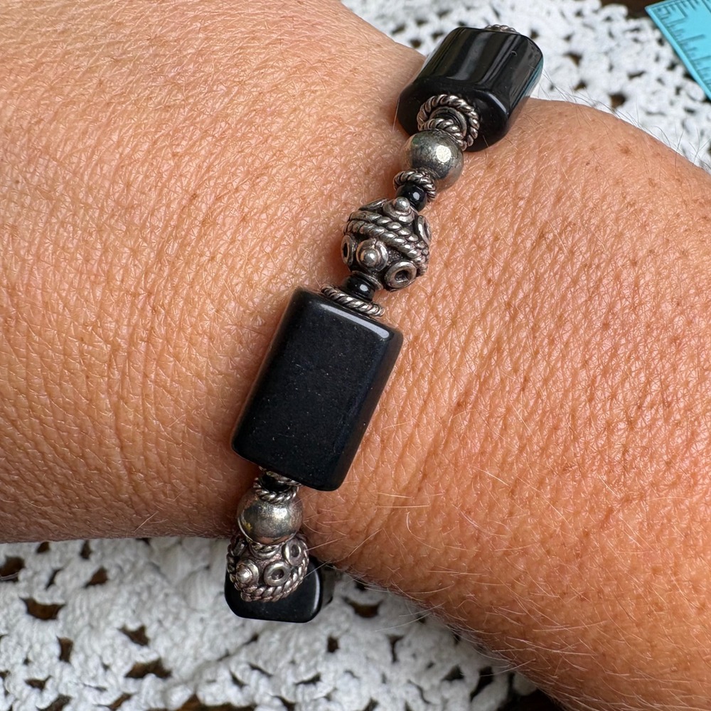 Vintage Handmade Black Bracelet Boho Ethnic Glass Stones Sterling Silver